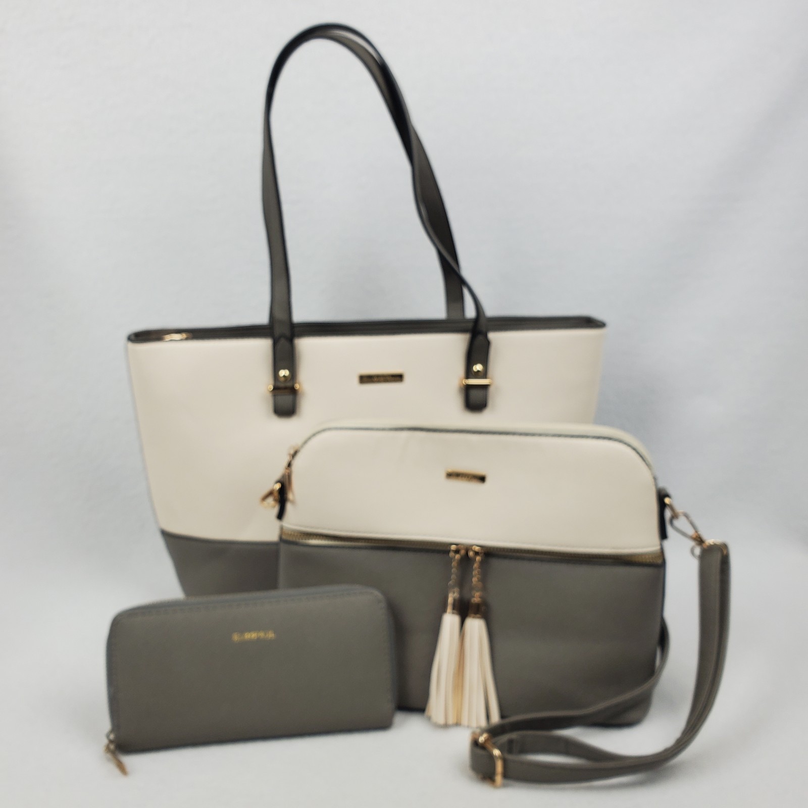 Elim & Paul 3-Piece Handbag Set with Tote, Crossbody & Wallet in Cream Gray - Like New  