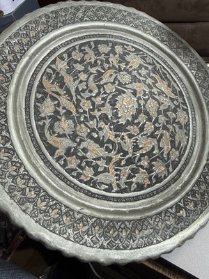 12  Copper Brass Heavy Tray Hand Engraved Unsure Beautiful Almost 2 Pounds OLD