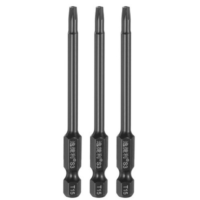 3pcs T15 Magnetic Torx Screwdriver Bits 1/4'' Hex Shank 75mm Length Black