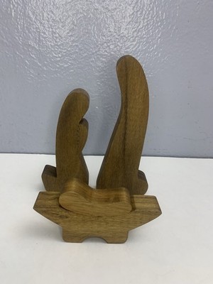 1980 Les Anderson Simple Wood Nativity Scene Hand Crafted Vintage Set Brown 4 Pc