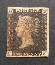 Penny Black 1840 Stamp QV SG2 with Red MX cancel, Corner Letters PK