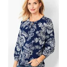 💙 Talbots Paisley Tie-Neck Blouse 1X 🤍 Flowy Blue & White Top