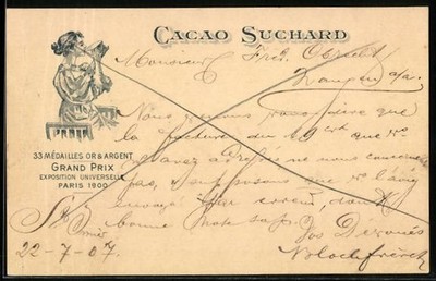 AK Chocolat Suchard, junge Frau trinkt eine Tasse heißer Schokolade 1907 