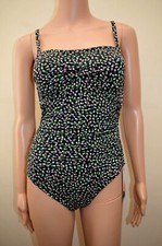 M S Magic Shaping Floral Bandeau Padded Black Mix Ruched Swimsuit Sz UK 10