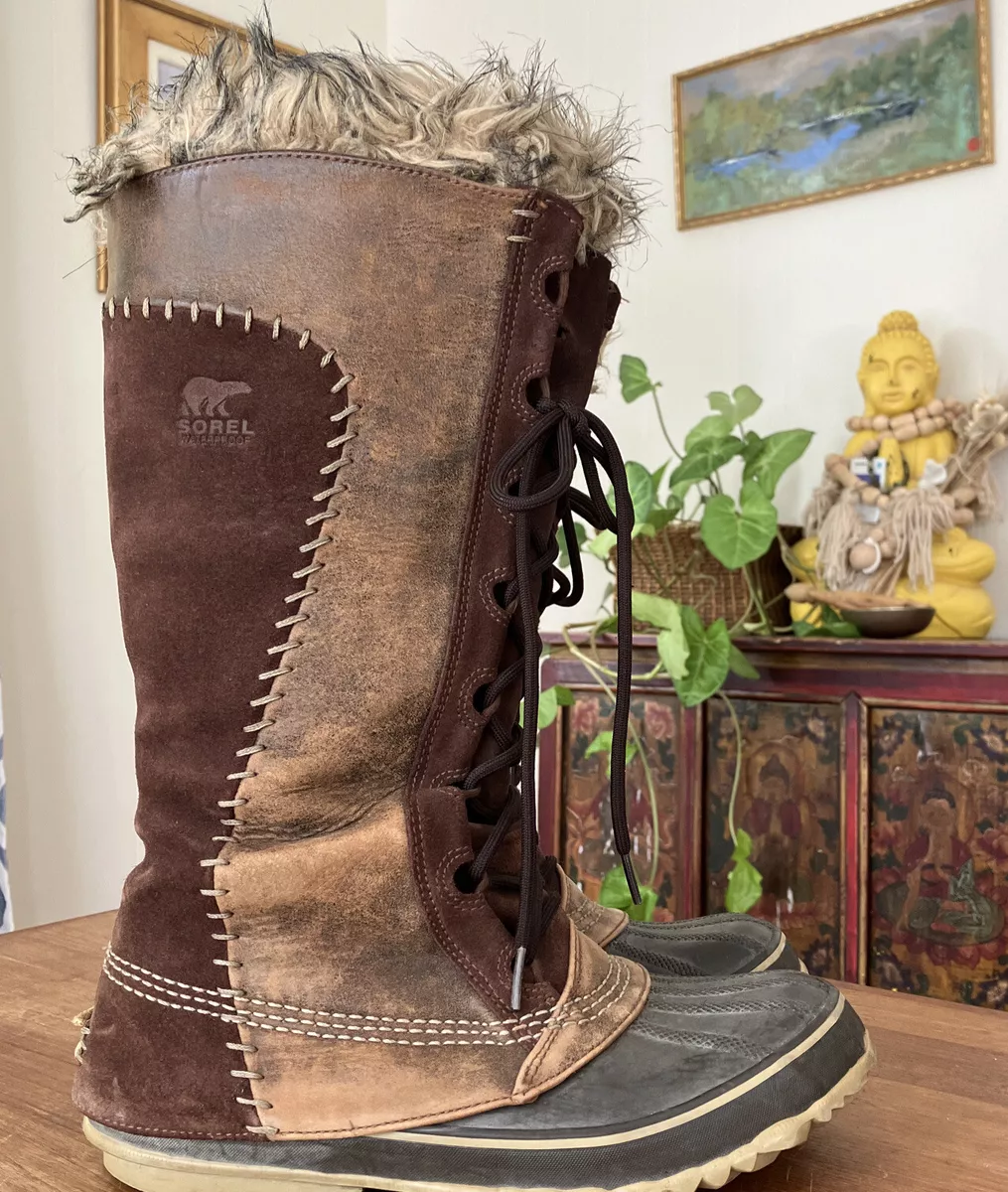 Sorel Cate the Great Tall Fur Leather Winter Boots Suede Tobacco 9
