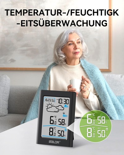 BALDR Wetterstation Funk mit Außensensor, Digital DCF-Funkuhr Thermometer Inn... - Bild 6 von 8