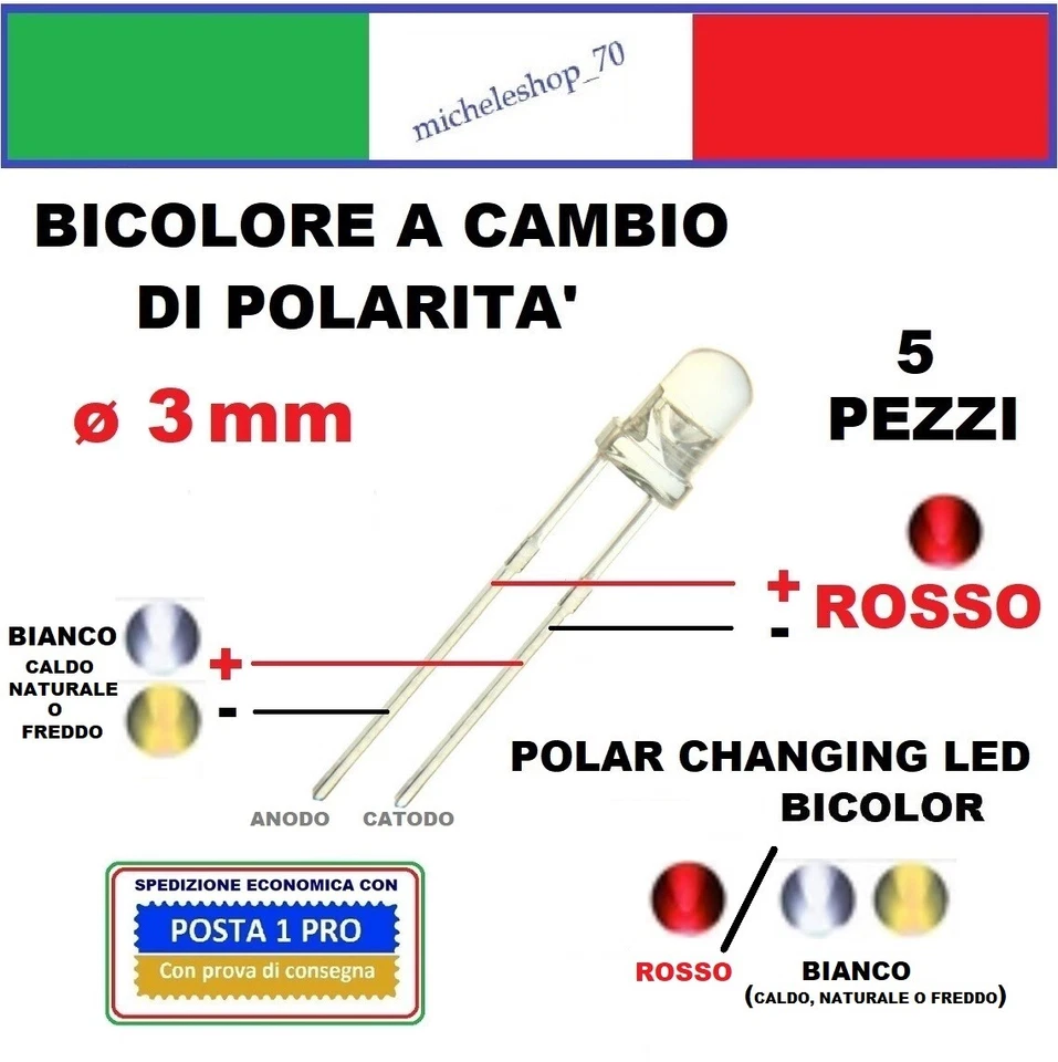 diodo led bicolore rosso/bianco 2pin polar changing ø 3 lente trasparente