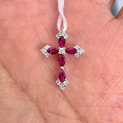 0.58Ct Round Cut Lab-Created Ruby Cross Pendant 14K White Gold Plated Free Chain