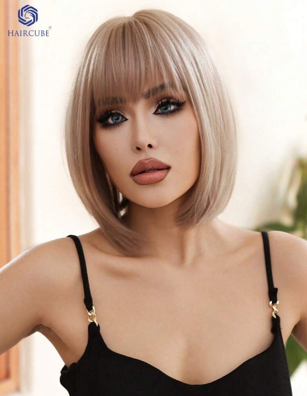 Perruque rousse brune châtain foncé courte femme frange naturelle avec 4 wig caps