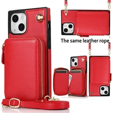 For iPhone 16 15 14 13 12 11 Pro Max XR 8 Plus Zipper Card Wallet Crossbody Case