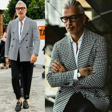 Houndstooth Men Double Breasted Suit Check Tuxedo Prom Party Casual Suit Blazer
