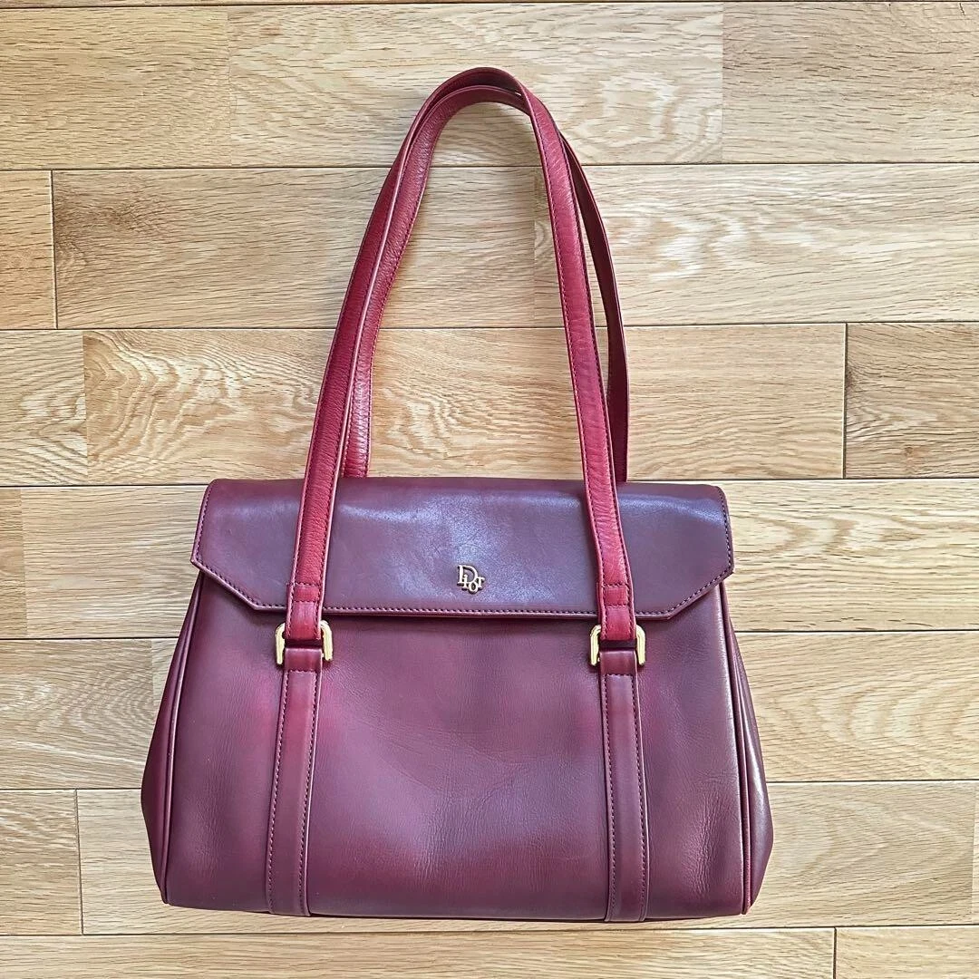 Sac à main Christian Dior logo doré cuir bordeaux expédié du Japon