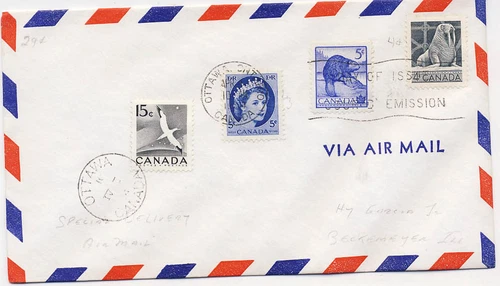 Canada 1954 Airmail First Day Cover Walrus Beaver #335-36 plus Additional Postag