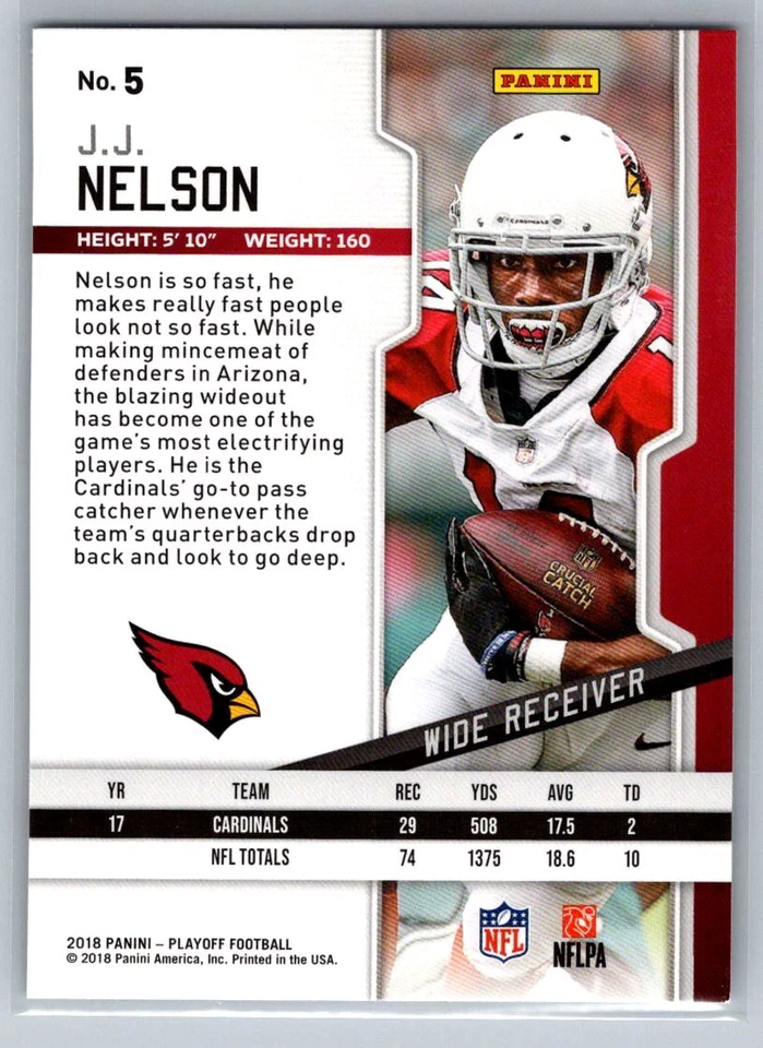 2018 Panini Playoff Red Zone #5 J.J. Nelson Arizona Cardinals Football Card - Image 2 of 2