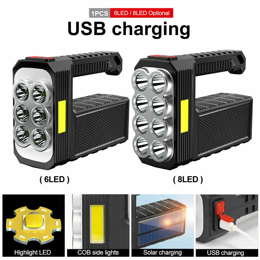 Proyector LED Solar Foco USB Recargable Antorcha de Mano Luz Camping Lámpara