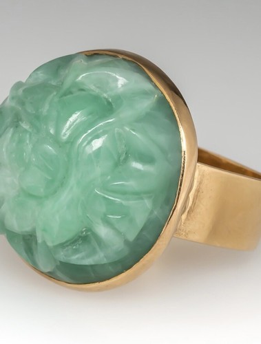 18k Gold Vintage Jadeite Ring Cavelti Size 6 Valentines Gift for Girlfriend Wife