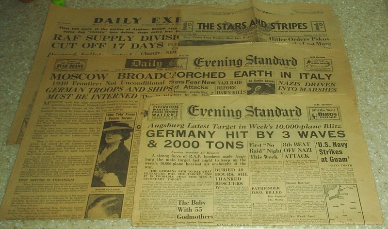 World War 2 Era Newspapers Vintage Stars and Stripes, The Star (Eng.), others.