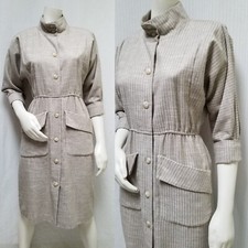 Vintage 80/90s CASSIDY Beige Ivory Stripe Button Front DRESS - Size S/M