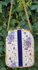 Vintage 1950s Brocade Evening Bag Purple Floral Velvet Stripe Gold Chain