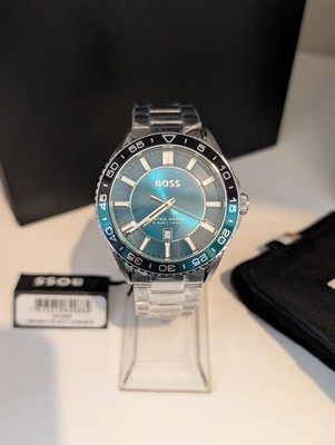 HUGO BOSS Herren Runner Uhr 1514208 grünes Ziffernblatt Quarz 44mm silbernes Armband NEU