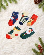 Christmas Kids Socks 5 Pairs   Santa Reindeer Holiday Gift Set, Sizes S-XL