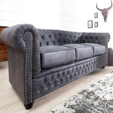 Sofa CHESTERFIELD - 200cm - antik grau - Holz Federkern - 3-Sitzer Loungesofa