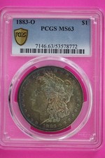 Rainbow Toned 1883 O MS 63 Liberty Morgan Silver Dollar PCGS Certified Slab 424