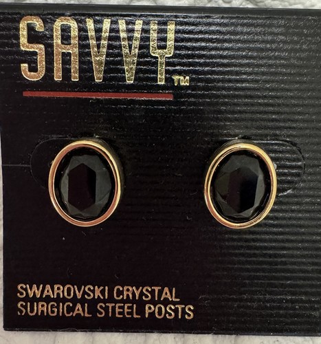 Vintage Savy Earrings Swarovski Crystal Gold Tone Black Elegant Surgical Steel