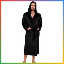 Men's Fleece Robe Hooded Warm Lounge Bathrobe Black Small Medium