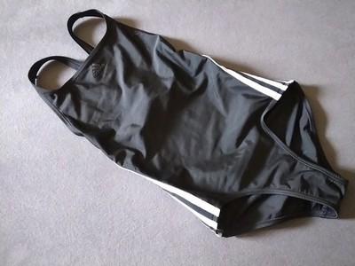 Adidas Mädchen Badeanzug 146 152 wie NEU Schwimmanzug schwarz weiß Logo Streifen