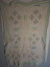 Hand Crocheted Baby Blanket White With Pink,Yellow,Blue On Trim 36x52 