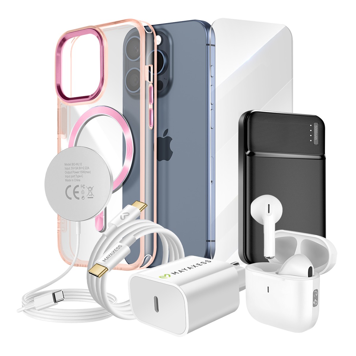 Pack Elite iPhone 15 Pro Coque silicone transparent Verre trempé et Batterie MagSafe