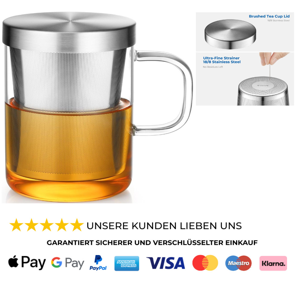 Borosilikatglas Teetasse mit Edelstahl Sieb und Deckel 500 ml