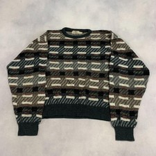 Vintage Abstract Knitted Jumper Patterned Grandad Chunky Knit Sweater Men's L