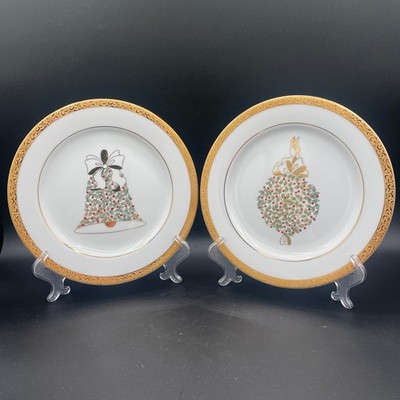 Nikko Christmas Bell and Kissing Ball Gold Trimmed Plates - Set of Two