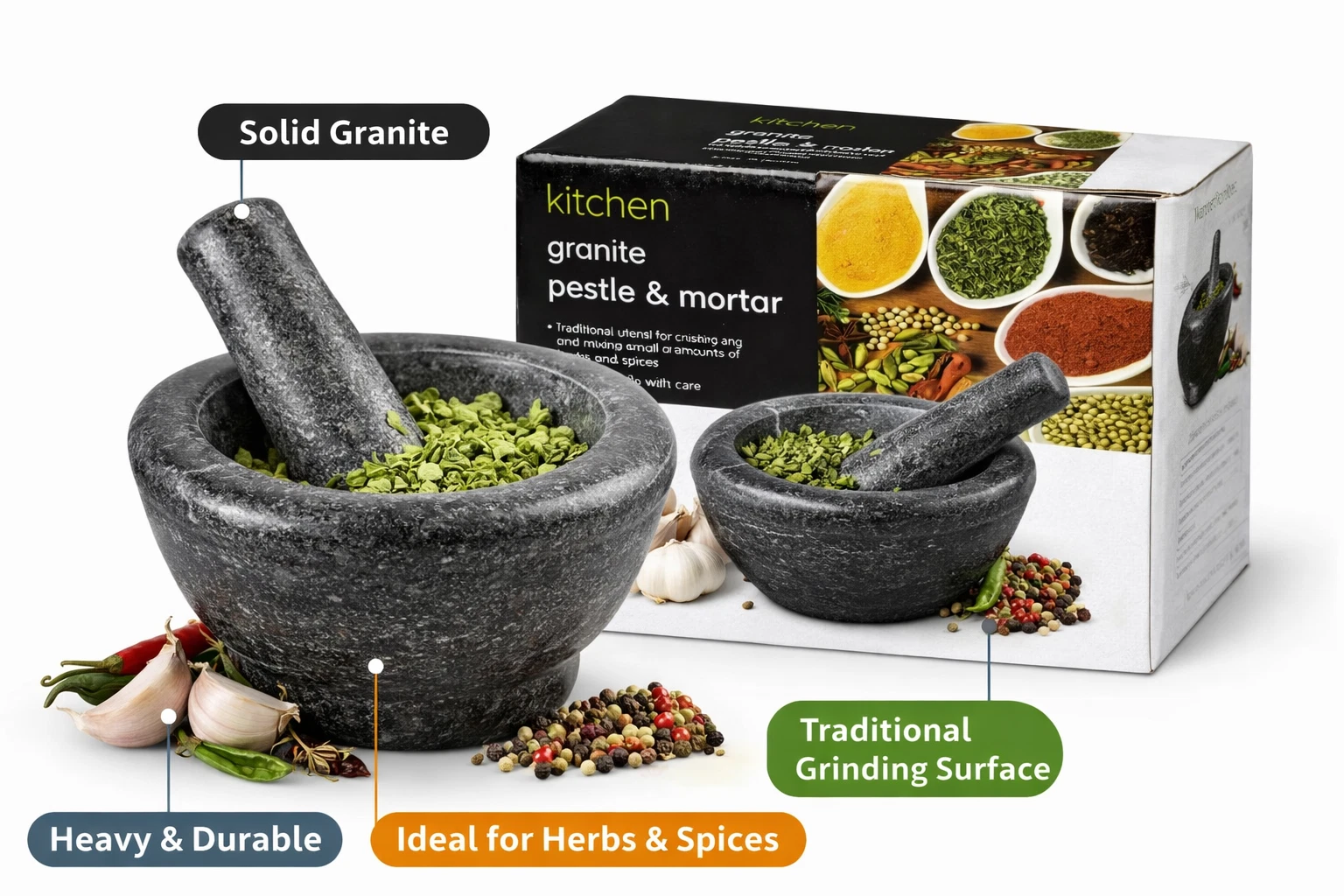 Granite Mortar & Pestle Set Solid Stone Spice Grinder Kitchen Herb Crusher
Opens in a new window or