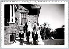 Vtg B&W Snapshot Bride And Groomsmen On Stone Church Steps Wedding Party 1960