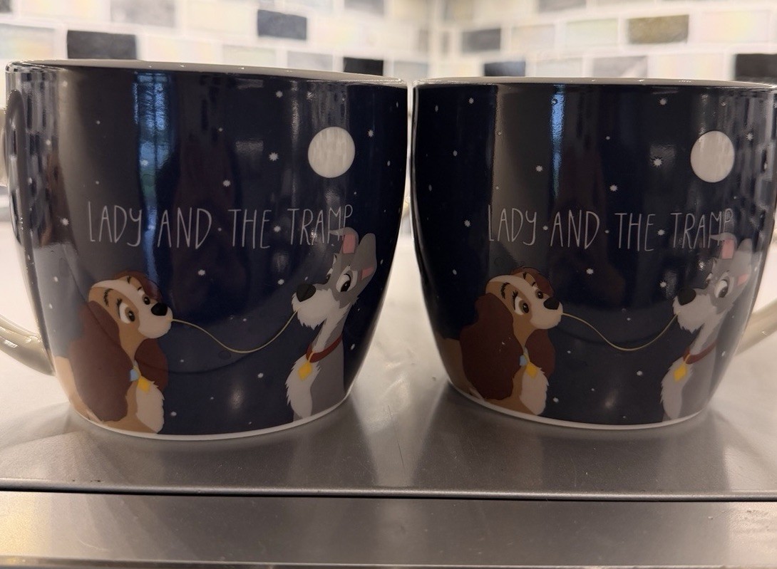 Disney Lady and the Tramp Ceramic Mugs Set of 4 Navy Blue Spaghetti Design