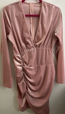 Women Pink Velvet V-Neck Ruched Long Sleeve Bodycon Mini Dress Stretch S