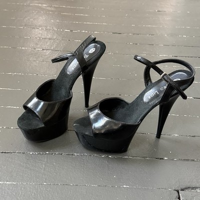 Vintage 90s Black Stripper Heels Stilettos Goth Leather Two Lips Brand Size 8