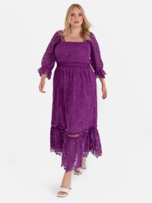 Lovedrobe Luxe Plus Size Purple Floral Lace Midaxi Occasion Dress UK
