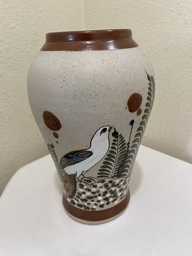 Tonala Vase Signed Mateos Mexican Folk Art Pottery Bird Blue Gray Butterfly 9” - Picture 12 of 18