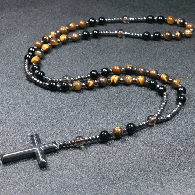 Tiger's Eye Onyx Prayer Beads Catholic Christ Hematite Cross Pendant Necklace Tiger's Eye Onyx Prayer Beads Catholic Christ Hematite Cross Pendant Necklace