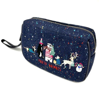 Talbots Wristlet Christmas Animals Embroidered Small Bag Navy
