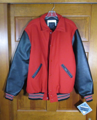 High School Varsity Bomber Letterman Jacket, Medium, Long, Red (D HC)
