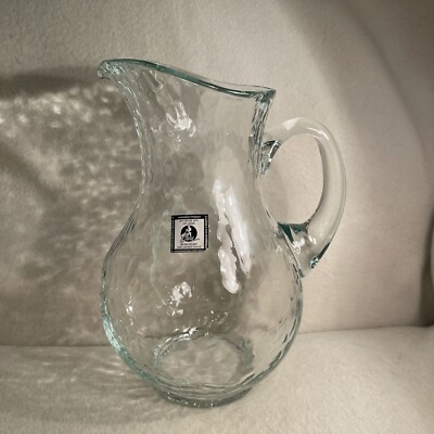 Libbey Cross Handmade Clear Glass Pitcher W/ Hammered Pattern Applied Handle