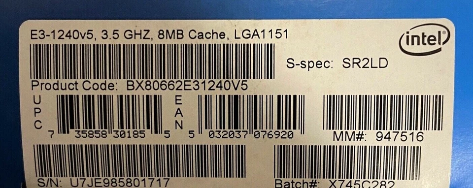 Intel BX80662E31240V5 SR2LD Xeon Processor E3-1240 v5 8M Cache, 3.50 GHz NEW - Image 2 of 2