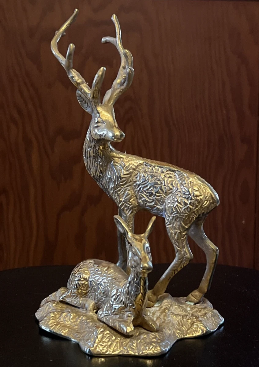 Vintage Mid Century Brass Metal Deer Statue 8 Point Buck Doe 8