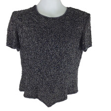 Womens Evening Tops XL,Papell Boutique, Beaded Black Silk Floral Shirt Ladies