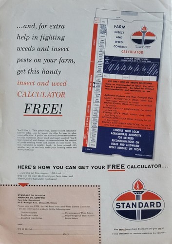 Standard Oil, tabla de plagas de productos químicos de granja Amoco, anuncio agrícola vintage 1962 - Imagen 4 de 4